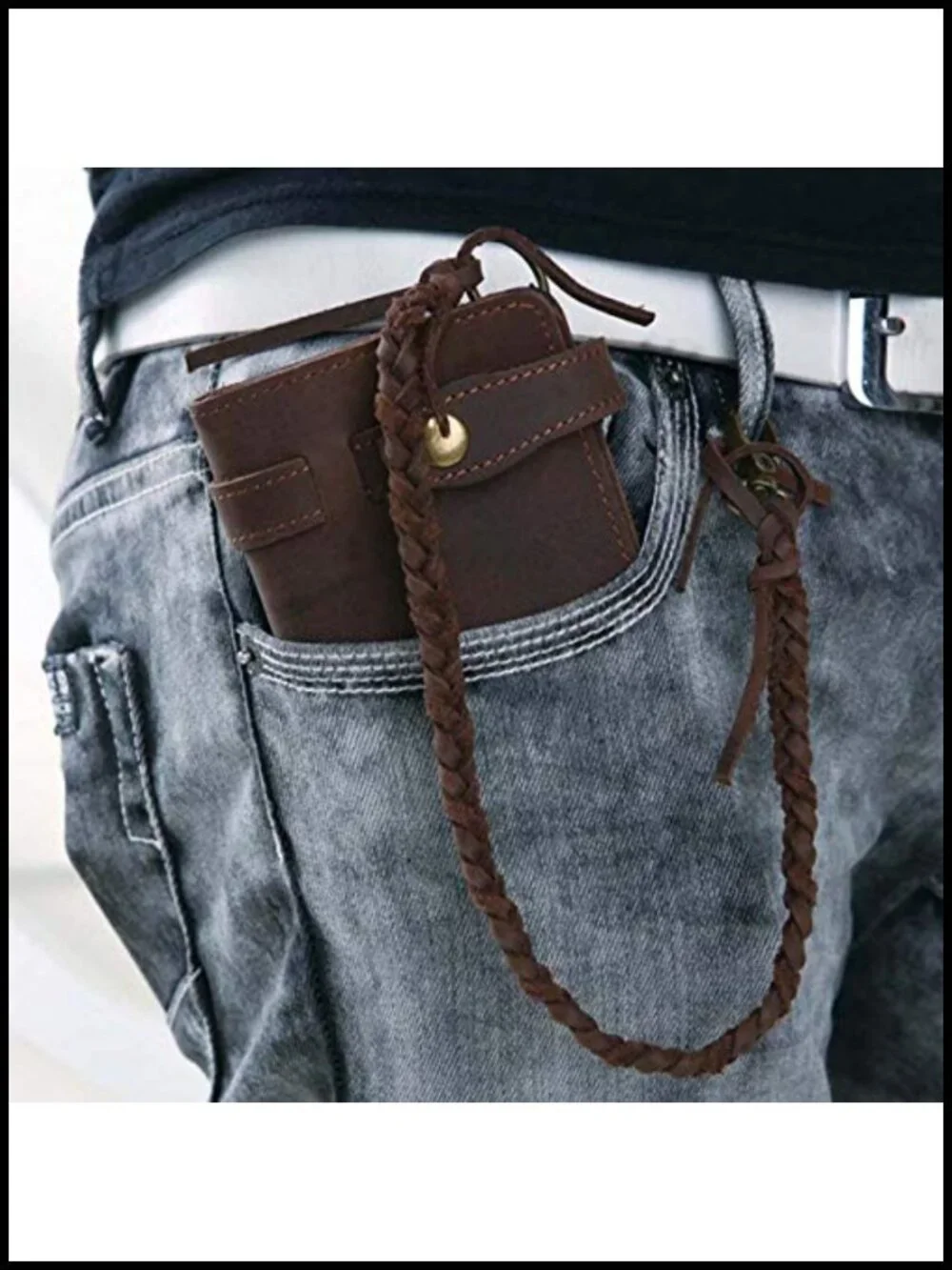 Mens Genuine Leather Bifold Wallet Organizer Checkbook Removable Chain Wallet